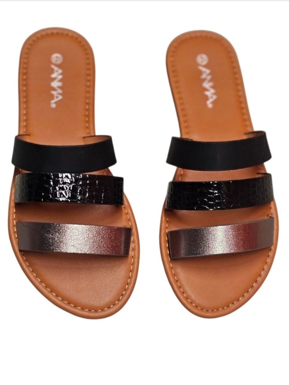 Womens Multi-Strap Slide Sandals With Faux Leather In Black Metallic & Croc-Embo